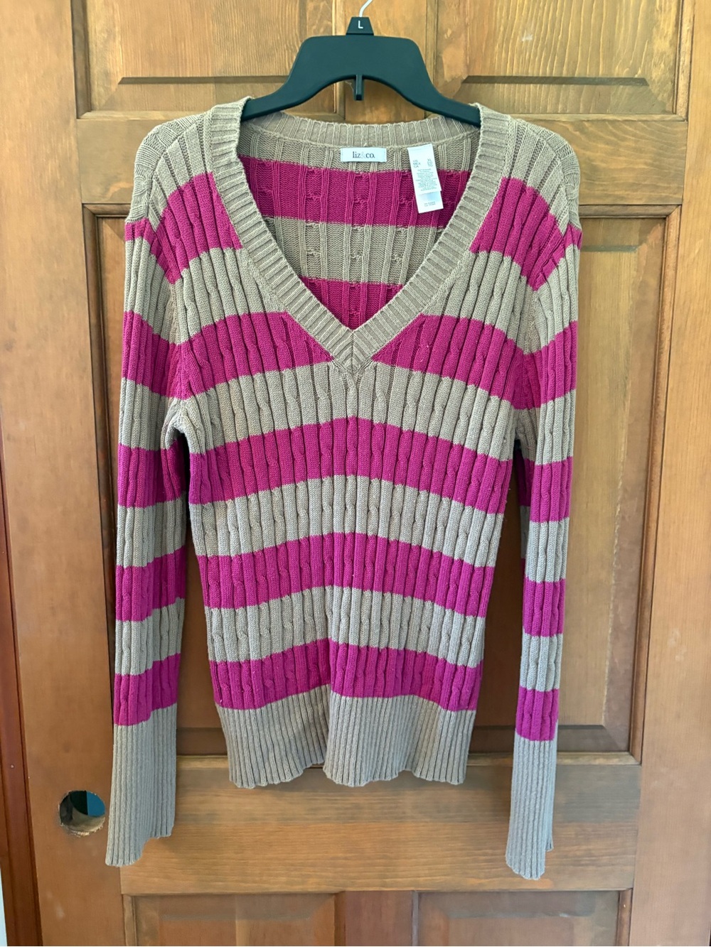 liz & co. Taupe and Magenta Striped V-Neck Sweater